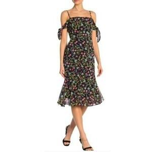 Nanette Leopore Paradise Dreaming Dress Black Floral Flowy Sundress Size 12 Midi